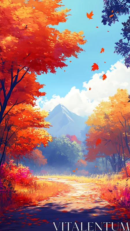 Sunlit autumn path leading toward a quiet mountain peak.