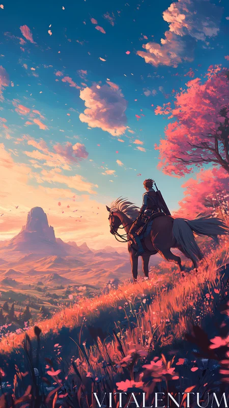 Lone rider surveys a sunset valley beneath glowing clouds.