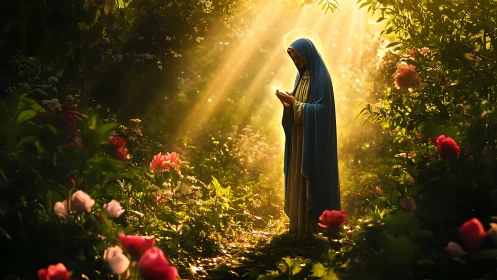 Praying robed woman with halo in sunlit flower garden.