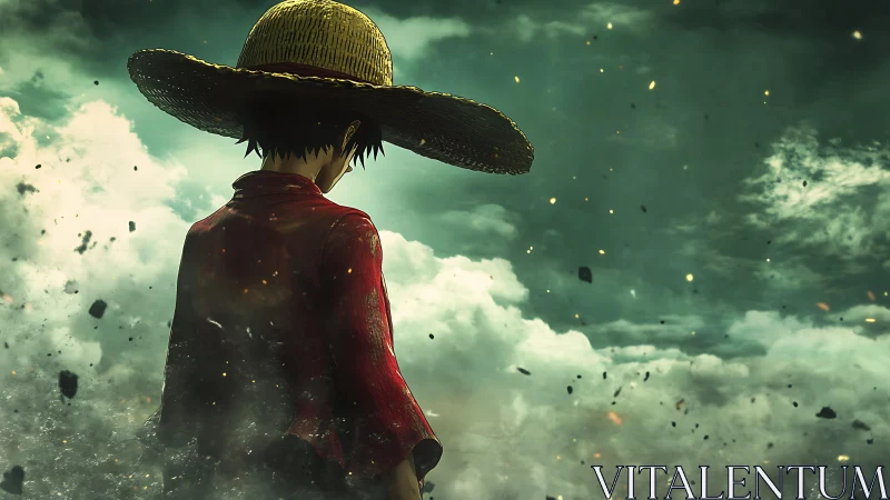 Anime stormscape with lone figure and dramatic atmospheric depth.