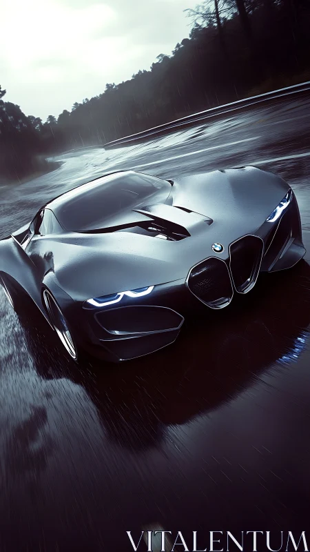 Futuristic BMW supercar cuts through rain on a wet highway.