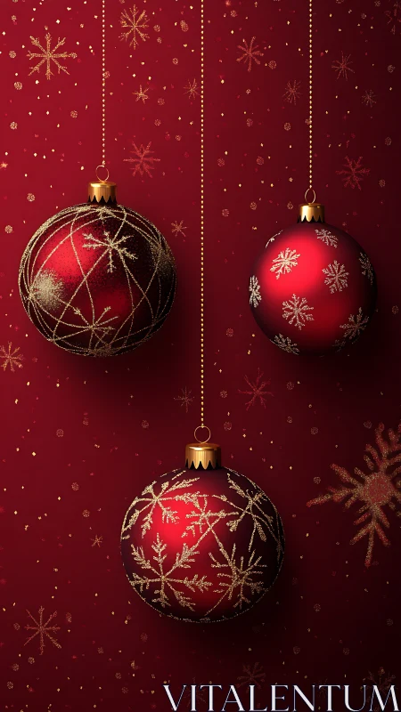 Red spherical ornaments are suspended against patterned backdrop