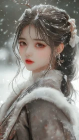 Snowlit winter maiden in fur-trimmed hanfu portrait.