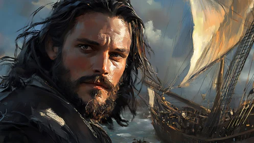 Bearded sailor portrait before large wooden sailing ship.