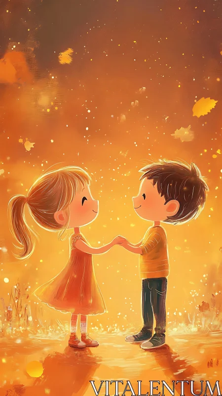 Two Children Holding Hands in Golden Autumn Glow