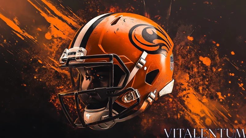 Explosive orange football helmet rendered in dynamic 3D lighting