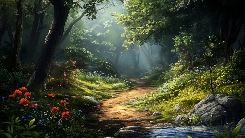 Forest pathway with directional lighting through canopy.