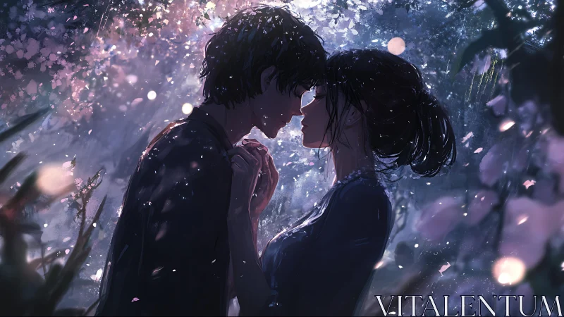 Soft night romance glows as two lovers share a tender pause