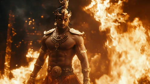 Mythic warrior in ornate armor before engulfing flames.