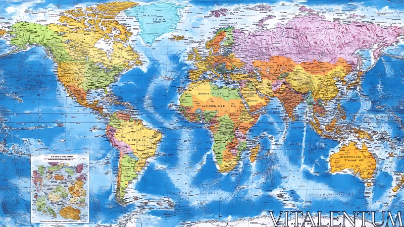 Detailed political world map highlights countries and oceans