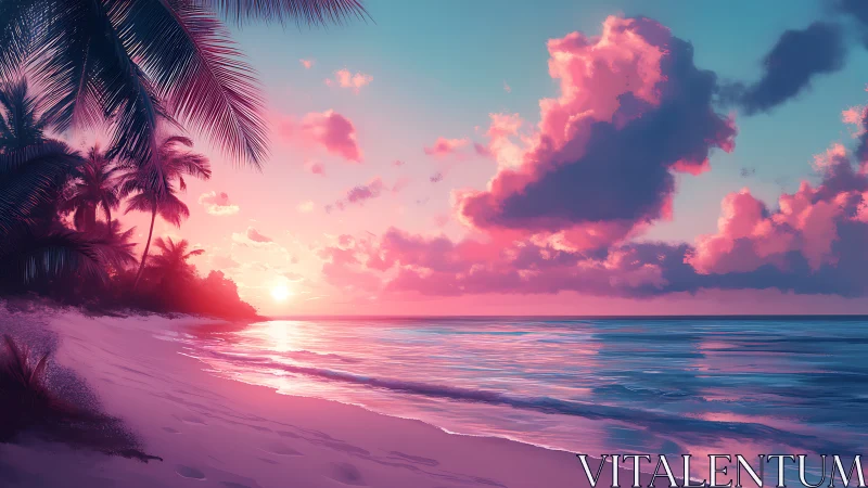 Tropical sunset beach with pink clouds and calm waves.