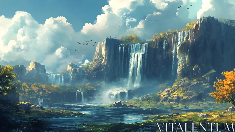 Panoramic tiered waterfalls below basalt cliffs in autumn light