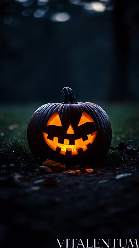 Glowing jack-o&rsquo;-lantern under moody twilight bokeh glow.