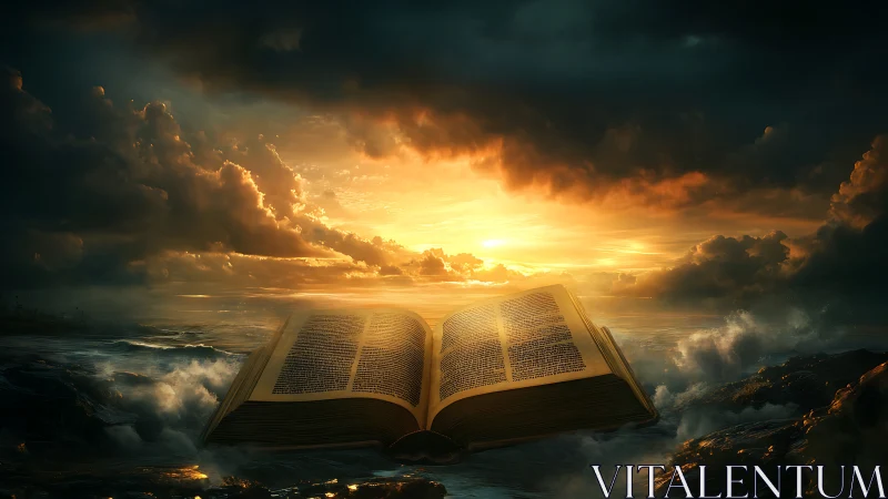 Ancient illuminated book opens above stormy ocean at dawn
