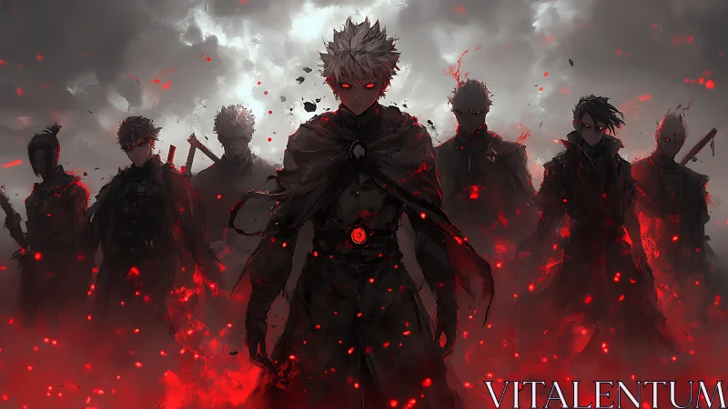 Ember-eyed warriors stride from a storm of crawling ash