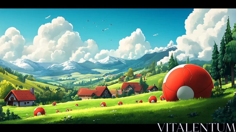 Idyllic valley landscape with spherical red forms in field.