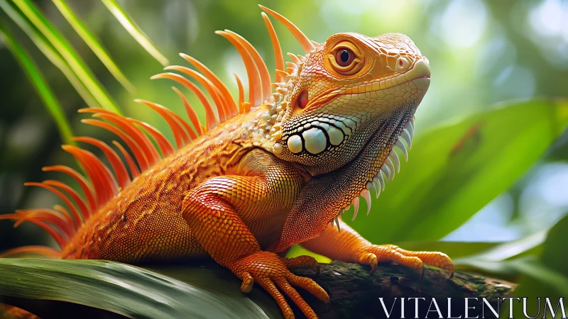 Photorealistic iguana study on tropical foliage with bokeh light.