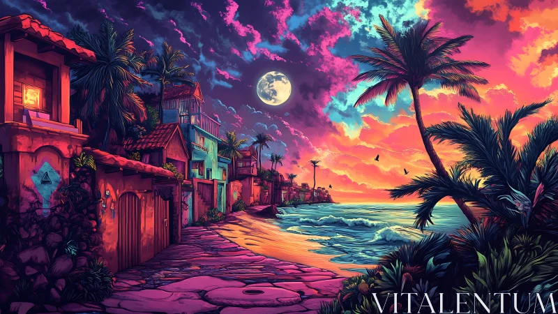 Moonlit tropic street dreaming in neon-tinted seaside glow.