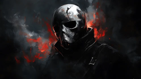 Masked warrior in scorched red-black atmospheric portrait.