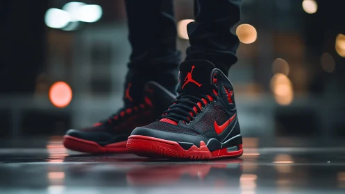 High contrast black red basketball sneakers on wet city floor.