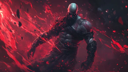 Armored warrior in red energy vortex digital illustration.