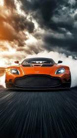 Front-view orange supercar under storm-lit sky in motion.