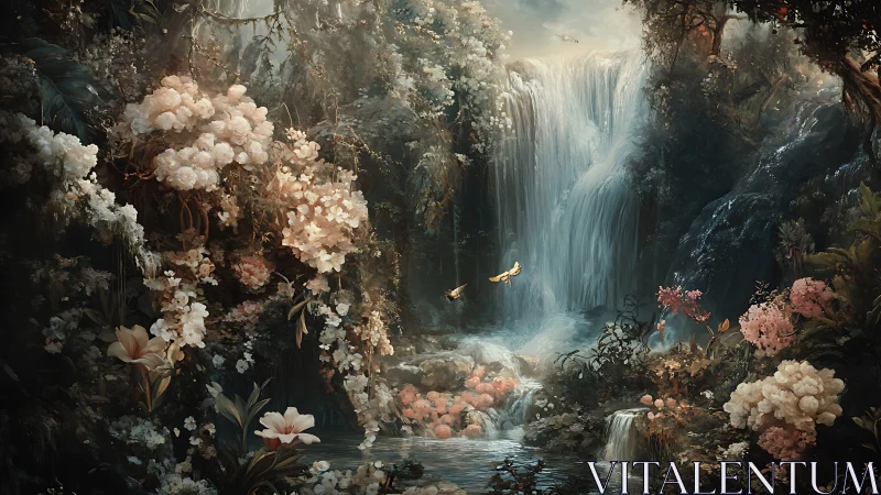 Dense floral gorge with central cascading waterfall scene.