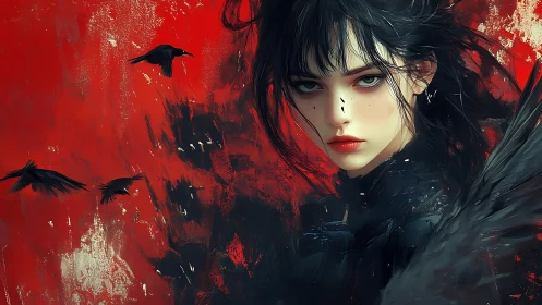 Storm-eyed raven keeper gazes out from a crimson sky