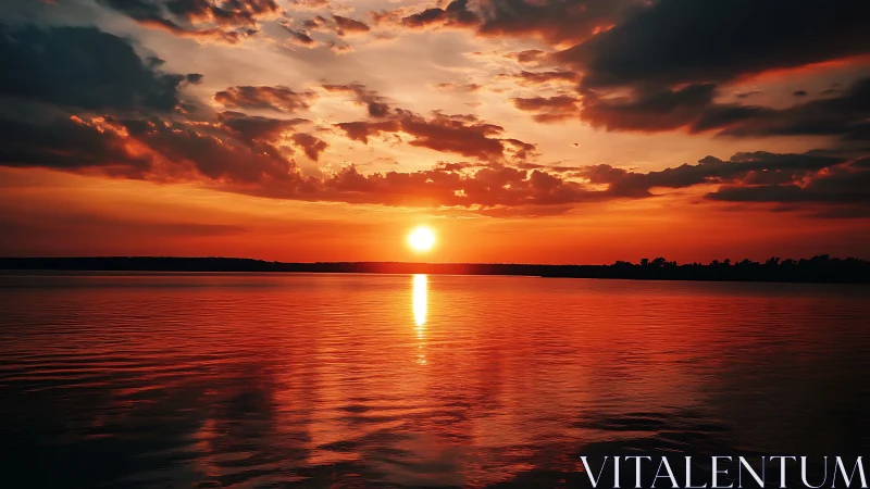 Crimson lake sunset ignites clouds and mirrored water glow.