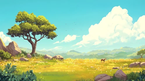 Sunlit savanna meadow welcomes a lone zebra under bright sky