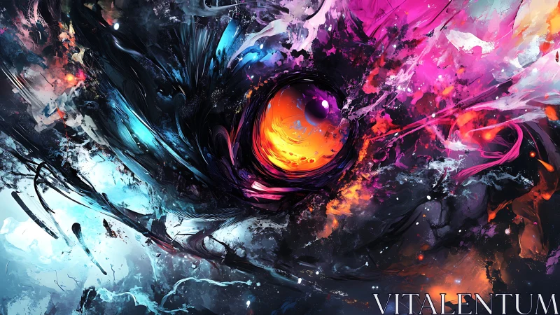 Cosmic vortex eye amid neon-chaos nebula burst abstraction.