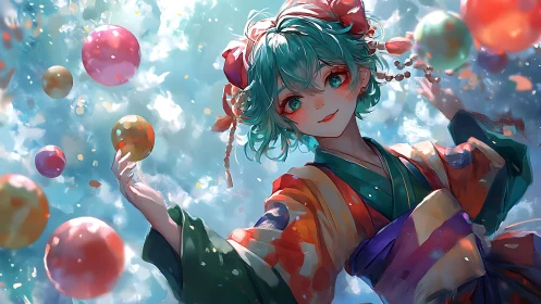 Kimono-clad girl dances under floating orbs in sky glow.