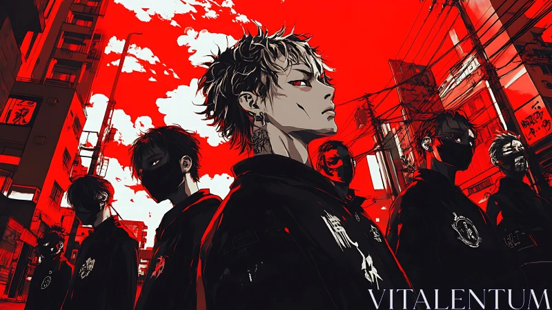Urban delinquent gang in red-black high contrast anime cityscape