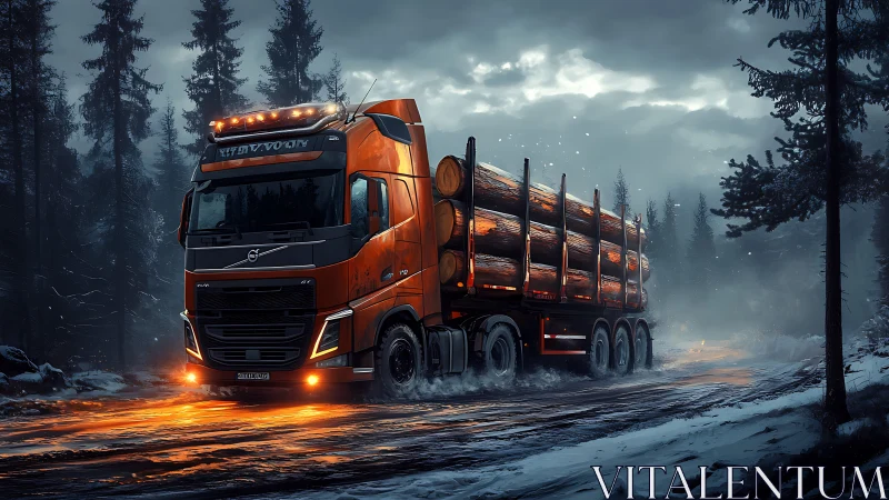 Orange logging truck powers through snowy forest road