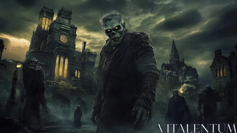 Undead horde stalking a ruined gothic cathedral at night.