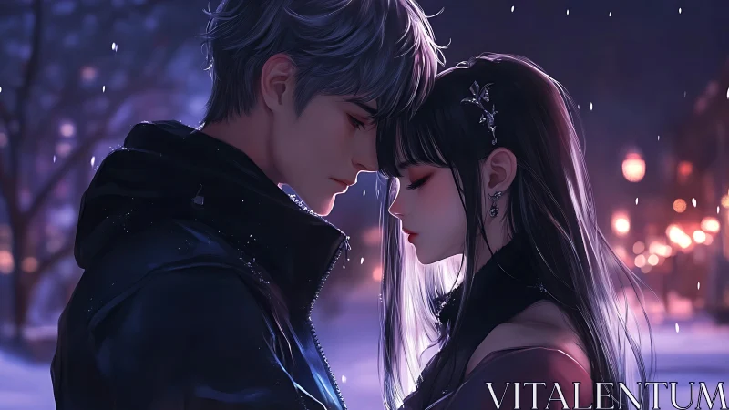 Snowy night close-up of intimate anime couple portrait.