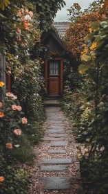 Narrow stone path leading to secluded cottage door.
