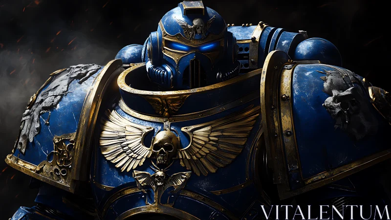 Armored blue space warrior stands in scorched darkness