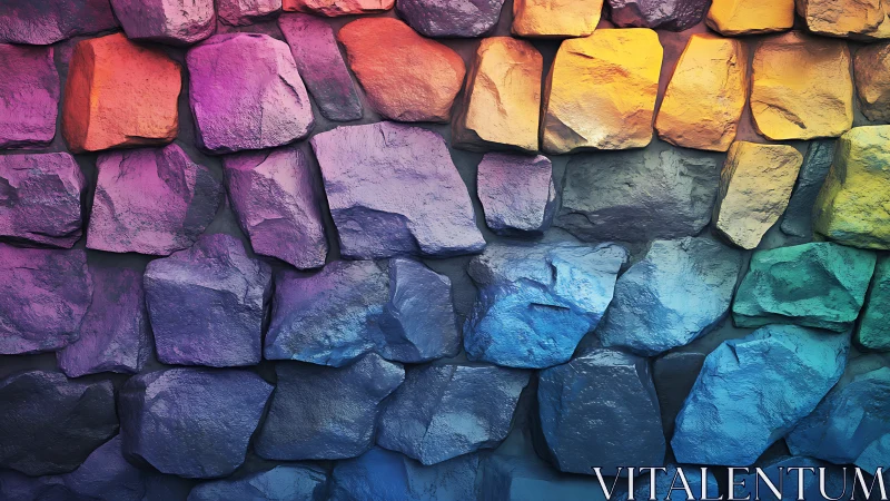 Prismatic stone wall in sweeping rainbow gradient lighted hues.