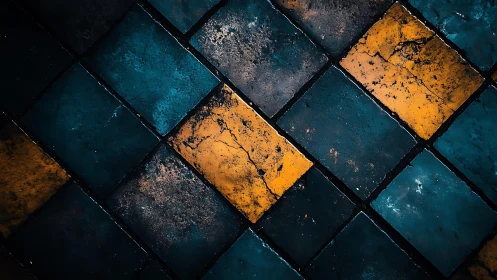 Grungy blue and yellow ceramic tiles in geometric pattern.