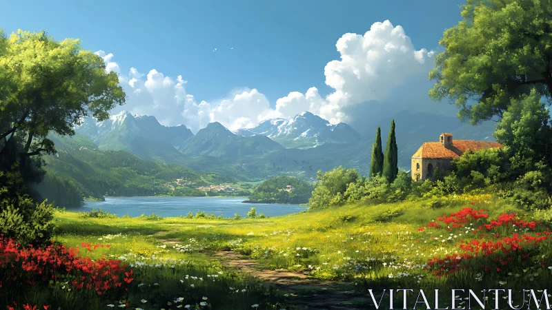 Sunlit lakeside meadow and stone cottage below alpine range.