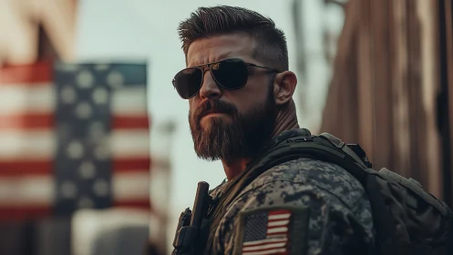 Bearded soldier in tactical gear stands before blurred US flag