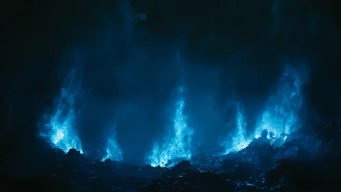 Blue Sulfur Flames Emissions in Volcanic Crater at Night