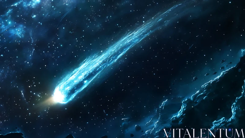 Luminous ice comet streaks through deep sapphire cosmos