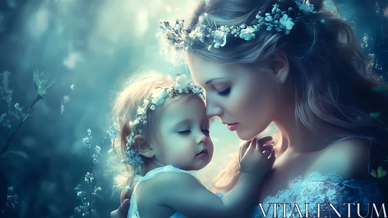 Mother and child with floral crowns in ethereal teal setting