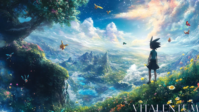 Celestial valley vista unfolds beneath solitary anime wanderer