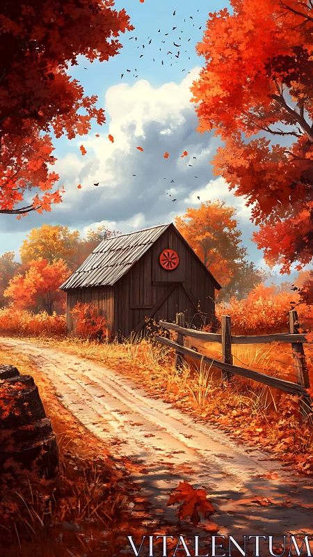 Rustic wooden shed stands beside curved autumn dirt road
