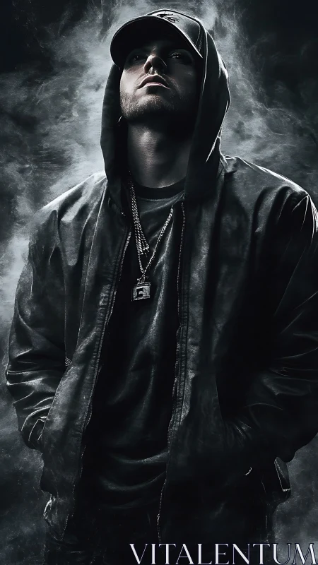 Moody street silhouette wrapped in drifting silver smoke.