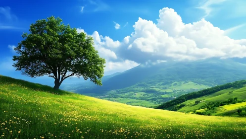 Solitary tree on sloped meadow before distant mountains.