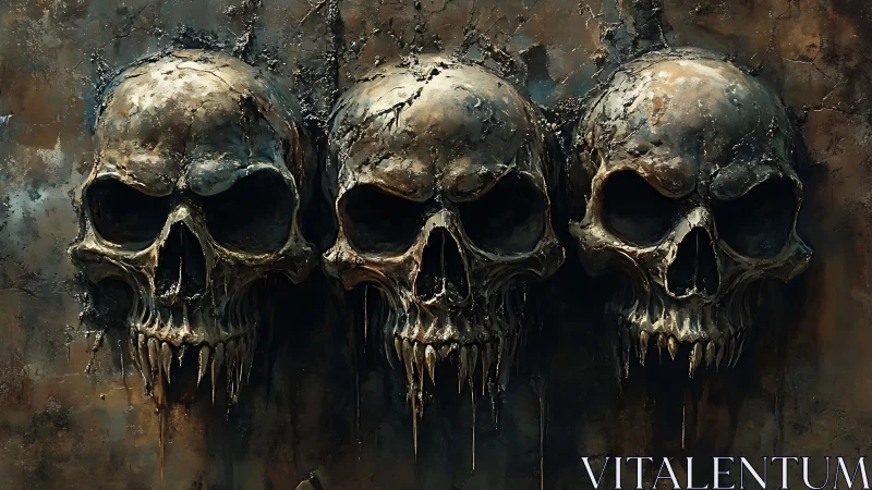 Weathered skull trio with dripped metal echoes of mystery.